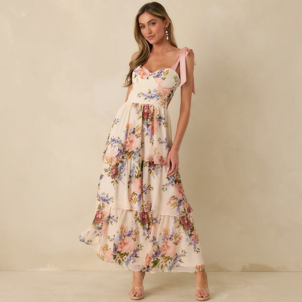DRESS FORUM WRITTEN IN FLOWERS FLORAL TIE STRAP CORSET BUSTIER MAXI DRESS SZ L